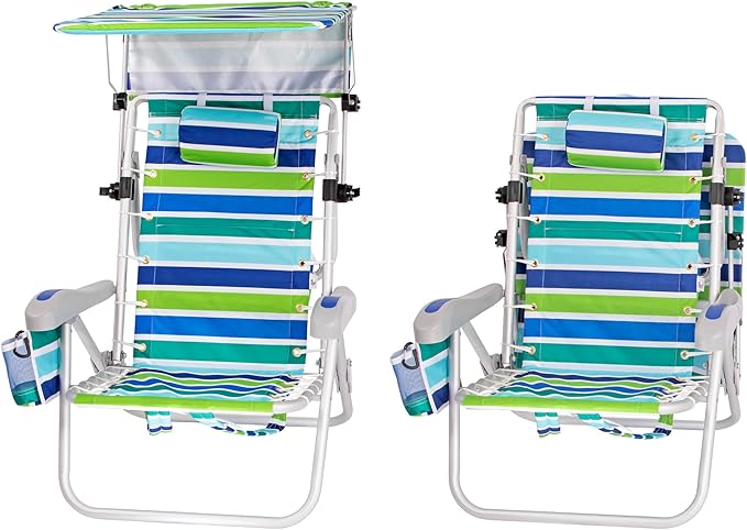 Ultimate Heavy Duty Aluminum Lace-Up Folding Backpack Beach Chair for Adults | Low Seat Lay Flat 5 Reclining Positions | Removable Insulated Cooler Pouch &amp Canopy for UV Protection