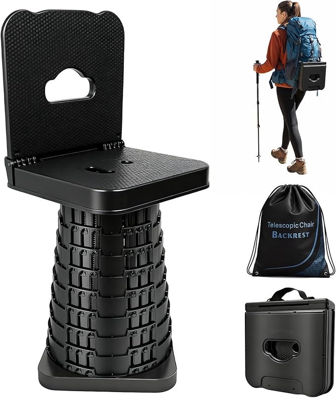Upgraded Collapsible Stool with Backrest Portable Telescopic Seat with Carry Bag Square Folding Stool for Camping Gardening Fishing Hiking BBQ Max Load Capacity 550lbs