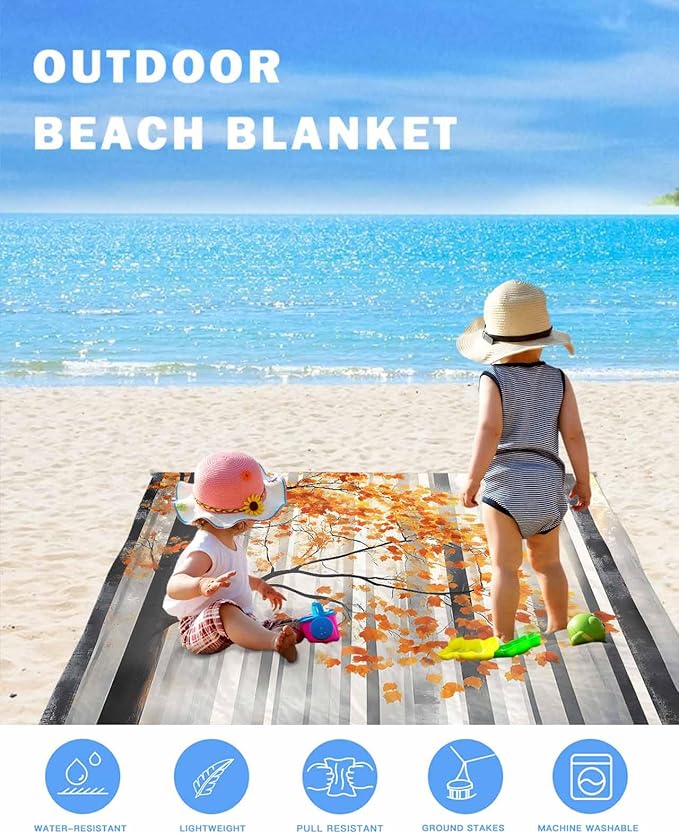 Beach Blanket Waterproof Sandproof Autumn Forest Watercolor Leaf Quick Drying Beach Mat with 4 Stakes Fog Abstract Black Tree Lightweight Picnic Blanket for Travel Camping Outdoor 95x80