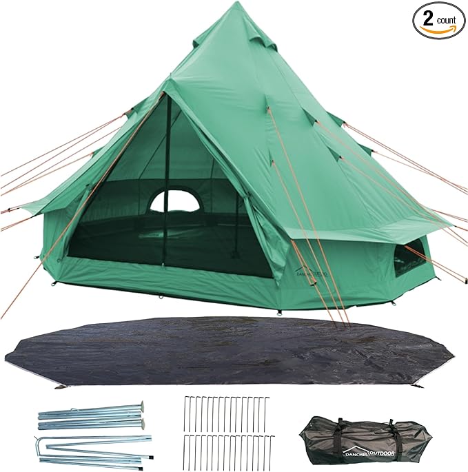 DANCHEL OUTDOOR B1 Portable Yurt with Footprint Waterproof 4-6 Persom Family Camping Bell Tent 300D Oxford Nylon UPF50+ Sun Protection Green 13ft/4m