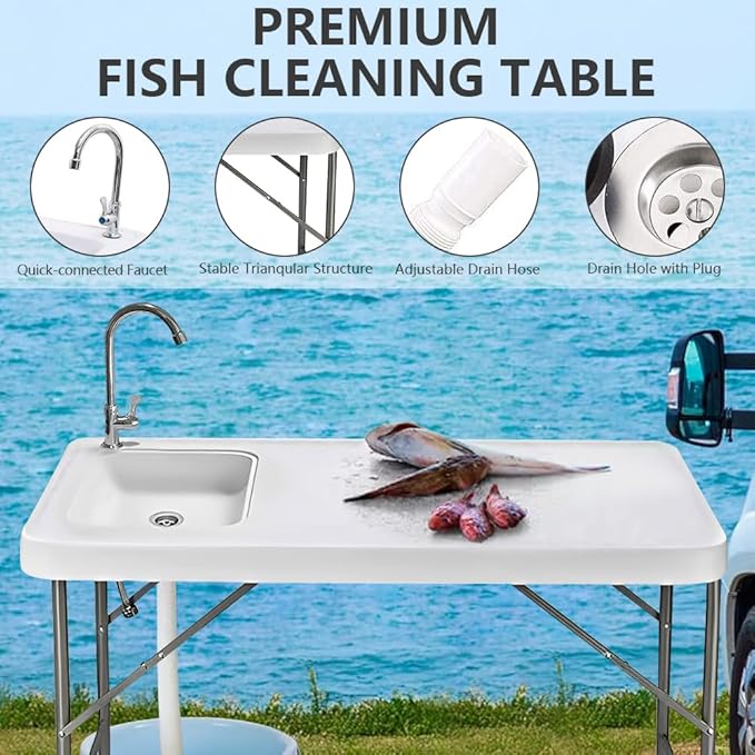 Folding Fish Cleaning Table with Sink – 4FT Portable Camping Sink &amp Fillet Station Outdoor Sink w/Faucet &amp Hose Hookup for Fishing Dock Beach Kitchen Patio Picnic