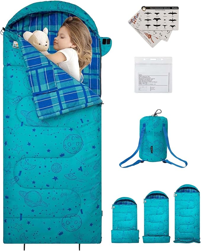 KingCamp 45°F Kids Sleeping Bag Lightweight Waterproof &amp Compact Flannel Sleeping Bags Cold Weather &amp Warm Youth Essentials Gear Accessories for Camping Fits 10-12 Children up to 4'7-5'5 T