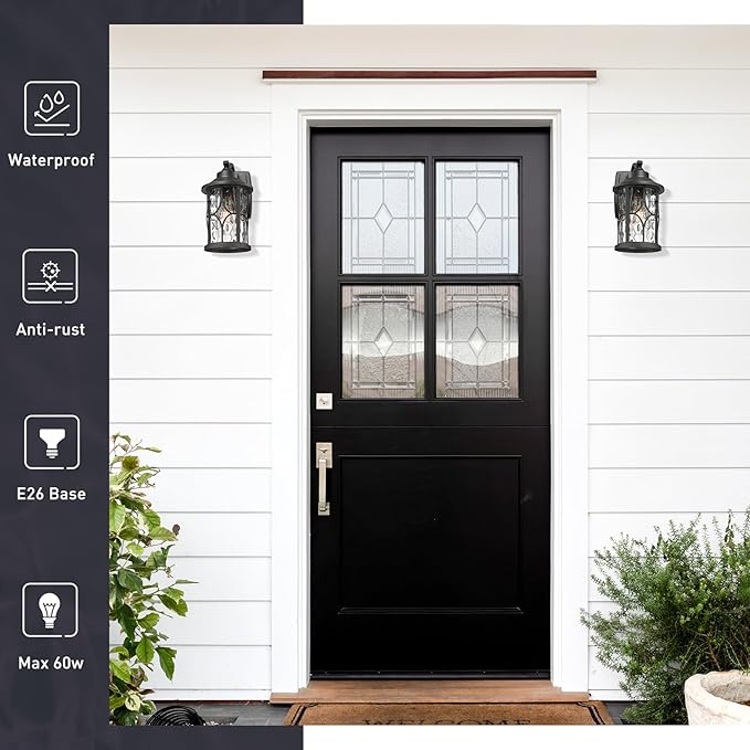 zeyu Modern Outdoor Wall Lights 12 Inch Exterior Wall Lantern Cast Aluminum with Water Ripple Glass Black Finish ZX48BWG BK