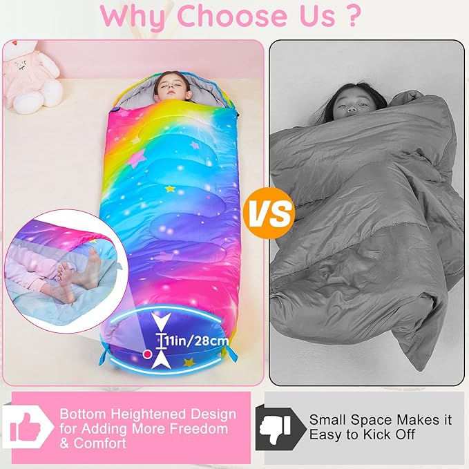 FIOBEE Kids Sleeping Bag for Girls Boys 3 Season Warm &amp Cool Weather Youth Camping Sleeping Bags with Backpacking Bag Waterproof for Traveling Hiking Indoor Outdoor Camping Essentials