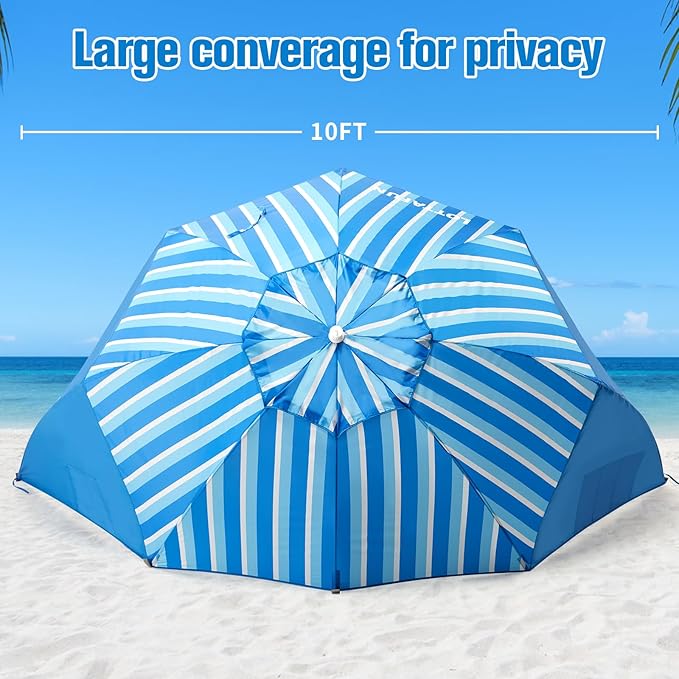 Beach Shelter Umbrella Premiere UPF 50+ Umbrella Shelter for Sun and Rain Protection for Adult (10-FootBlue Stripe)