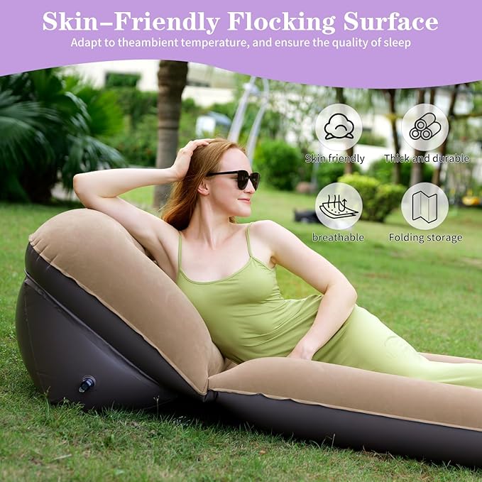 Inflatable Camping Air Mattress with Adjustable Backrest Flocking Portable Recliner Air Sofa Bed Blow-Up Sleeping Pad Sofa for Outdoor Hiking Beach Tent Travel – Fast Inflation with Pump