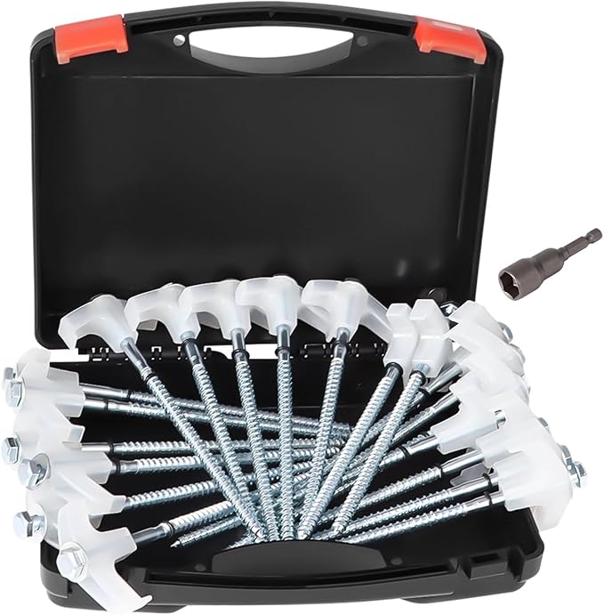 20-Pack Metal Tent Stakes with Glow-in-The-Dark Function Heavy-Duty Ground Spikes Hexagonal Drive Tool and Storage Box