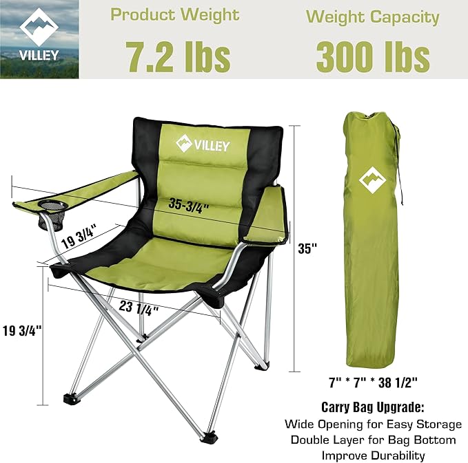 VILLEY Camping Chairs Padded Folding Chair Outdoor Portable High Camp Chair Foldable Outside Arm Chair with Cup Holder &amp Carry Bag Green
