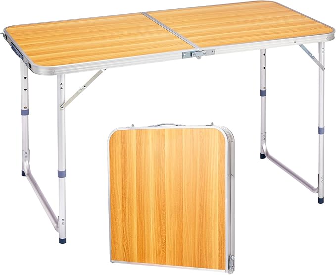 Outvita 4ft Portable Folding Camping Table Outdoor Waterproof Adjustable Height Table Aluminum Lightweight Suitcase Foldable Table for Picnic BBQ Beach Dining