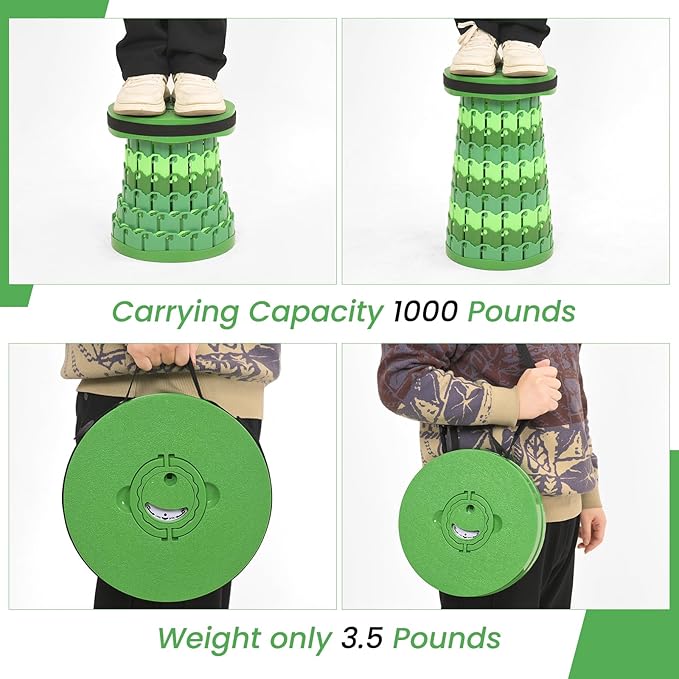 2 Pack Upgraded Folding Stool 19.7 Collapsible Stool Height Max Weight 1000lbs Portable Telescoping Seat with Cushion and Storage BagRetractable Folding Chair for Camping Hiking Outdoor BBQ-Green