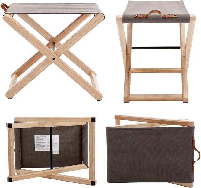 Folding Canvas Camp Stools Set of 6 Wood Folding Camping Stool Patio Portable Foot Stool for Garden Outdoor Fishing Picnic Travel BBQ Grey