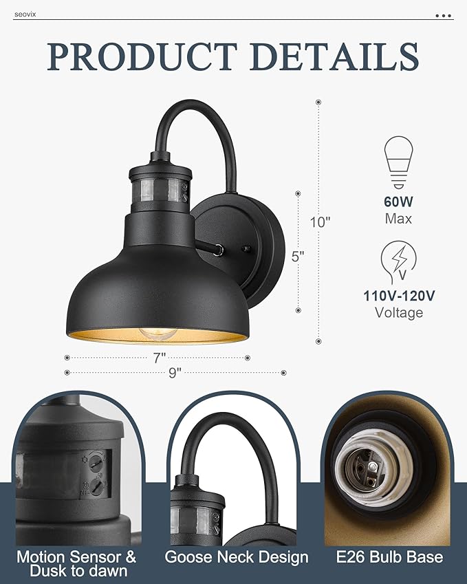 2Pack 7” Motion Sensor Outdoor Wall Light Outdoor Light Fixture Dusk to Dawn E26 Base Socket IP65 Waterproof Outside Porch Lights for Garage Porch 2210SBK(G)-2
