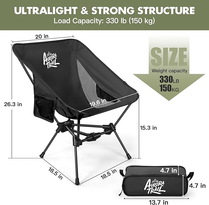 AuroraTrail Ultralight Backpacking Camping Chair – Only 2.7 lb Supports 330 lb Compact Folding Outdoor Seat with Carry Bag 7075 Aluminum Frame for Hiking Camping &amp Festivals (Black)