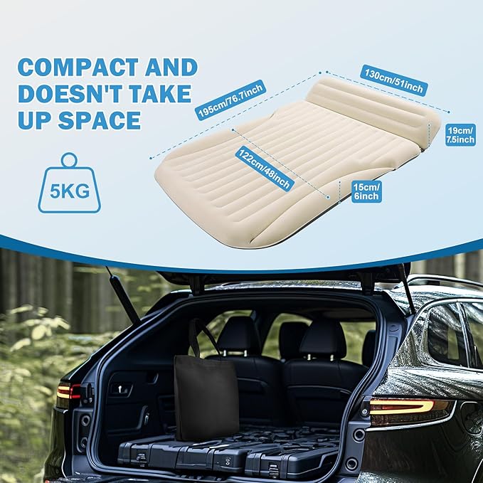 Car Bed with The Most Complete Sleeping AccessoriesLeakproof Durable Car Mattress with Pillow &amp Pump|for SUV Minivan Mpv Road Trip Inflatable BedSingle-Sided Flocking Off-White + Gray