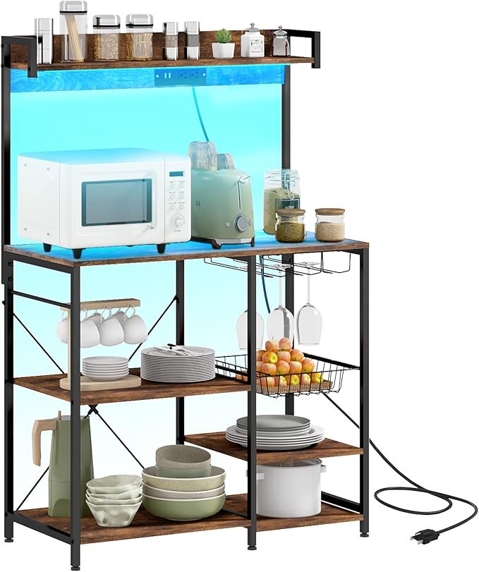Rack with Power Outlet and LED Lights Bakers Racks for Kitchens with Storage Industrial Microwave Stand with Glass Holders Metal Basket Multiple Shelves Rustic Brown