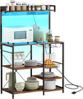 Rack with Power Outlet and LED Lights Bakers Racks for Kitchens with Storage Industrial Microwave Stand with Glass Holders Metal Basket Multiple Shelves Rustic Brown