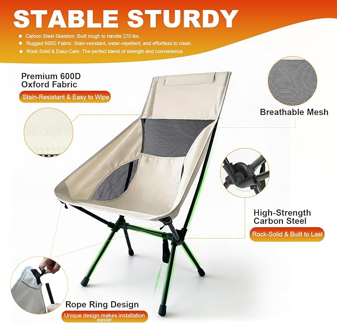 IEJ Ultralight High-Back Camping Chair - Portable Folding Backpacking Chair with Anti-sag Footmuffs Supports up to 300 lbs Compact and Durable for Outdoor Hiking Camping Fishing Reading - White