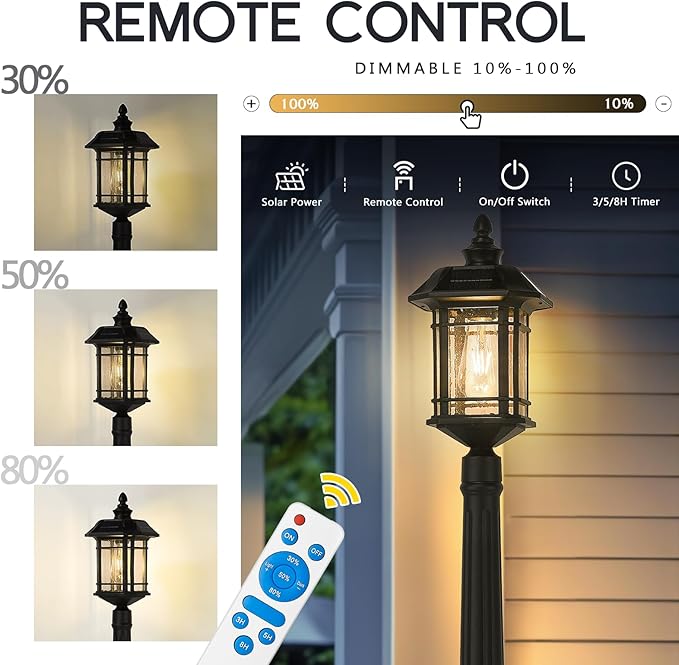 Emliviar 82 Solar Street Lamp Outdoor LED Dusk to Dawn Pole Solar Light with Remote Control Waterproof Post Lighting with Seeded Glass A2202110PL-SL BK