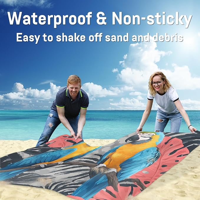 Waterproof Sandproof Beach Blanket 59''×68'' Parrot Bird Polyester Outdoor Picnic Blanket with 4 Stakes &amp Storage Bag for BeachCampingVacation Animal