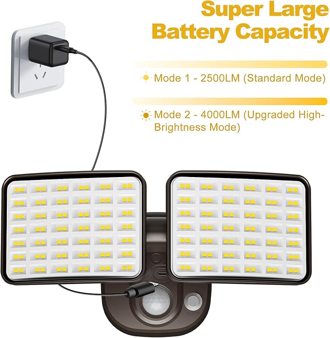 Rechargeable Battery-Powered Motion Light (1-3 Months Endurance) 2500LM Standard &amp 4000LM High-Brightness Dual Modes USB Charging Outdoor LED Flood Light for GarageYardPatioGarden (Brown) 2 P