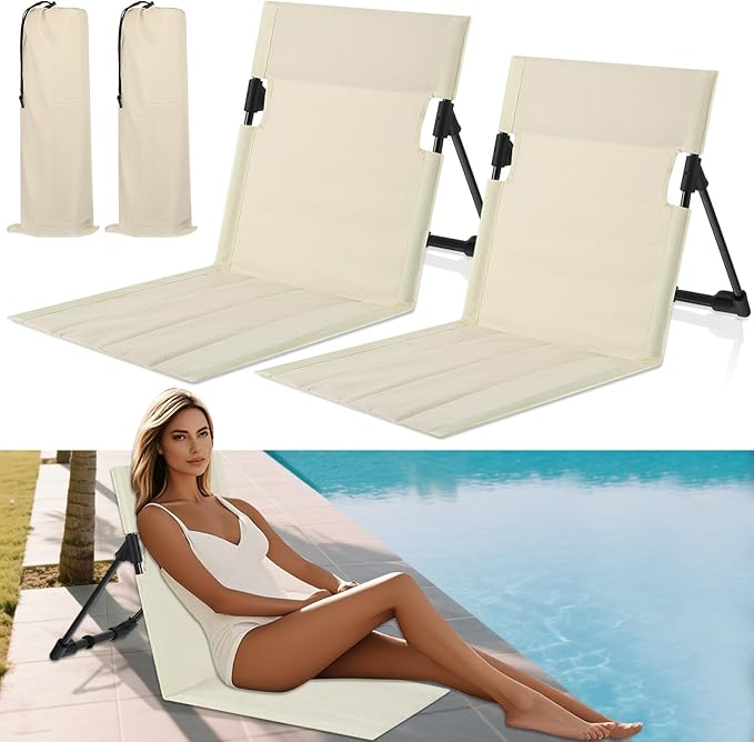 2 Pcs Foldable Pool Chairs - Durable Aluminum Flip Lounge Seats for Beach Camping &amp Lawn - Portable Foldable Poolside Seat Pool Chairs with Storage Bag for Edge of Poolside (Light Beige)