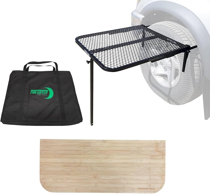 Tire Table with Included Bamboo Cutting Board and/or Carrying Bag Aluminum or Steel Small Medium or Large Sizes Installs in Seconds Check Bullets for Dimensions and Compatibility
