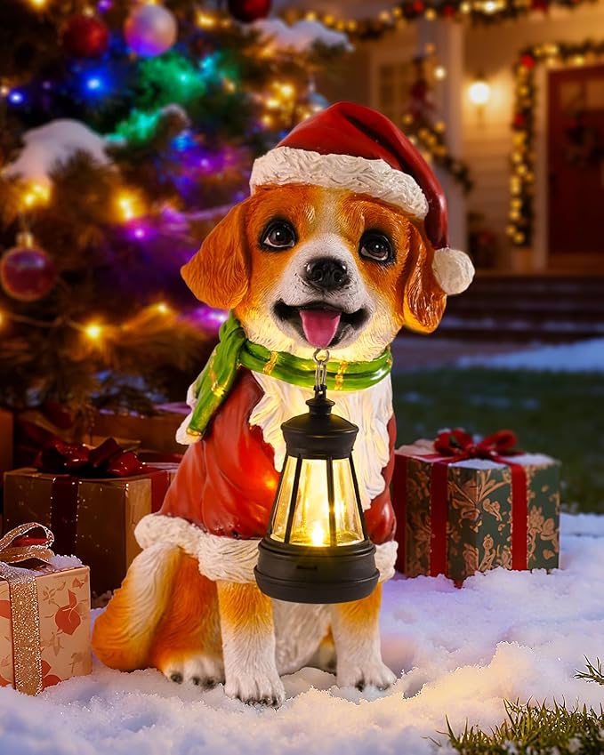 Christmas Dog Garden Statue with Solar Lantern – Santa Dog Figurine in Red Coat &amp Hat Outdoor Christmas Yard &amp Porch Decorations Balcony &amp Lawn Decor for Dog Lovers