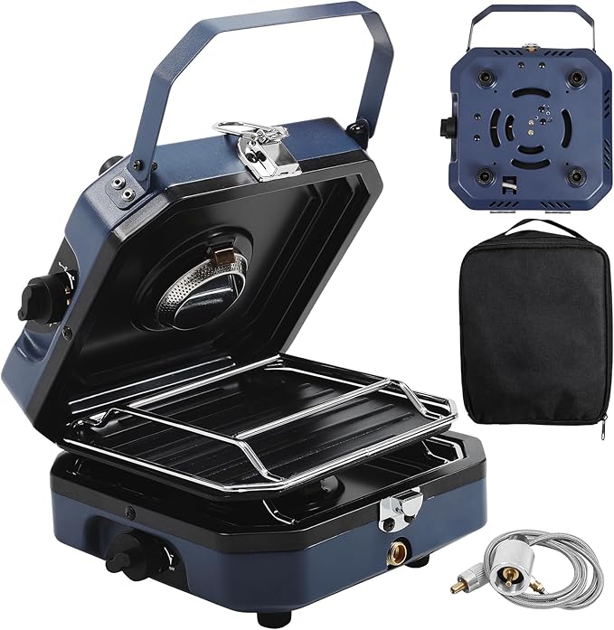 Propane Double Burner Two Burner Camp Stove 16000 BTU Portable Folding Gas Stove for Camping With grill grill pan and carry bag For camping home backyard canning frying turkey (Blue)