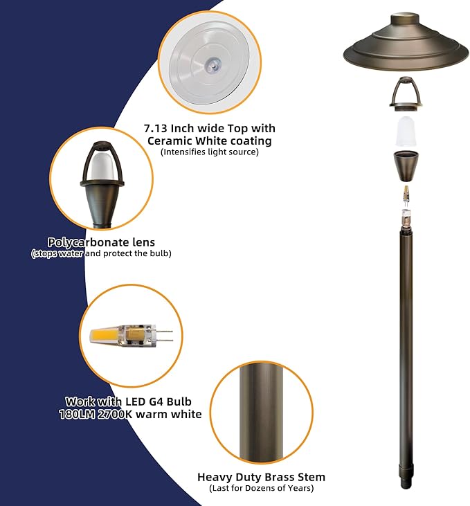 COLOER Solid Cast Brass Pathway Lights 12V Low Voltage Landscape Lighting LED Path Lights with G4 Bulb for Outdoor Walkway Garden 23 Tall 7.5 Shade (4) (1 P01 Bronze)