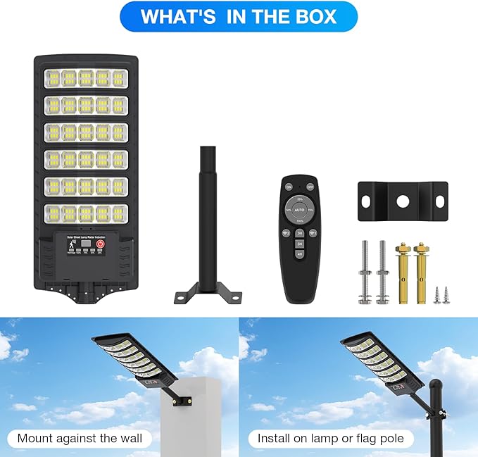Solar Street Lights Outdoor Waterproof48000LM 320°Wide Angle Flood Light LED Solar Parking Light with Motion Sensor and Remote Control for Outdoor Streets CourtyardsParking Garages2Pack