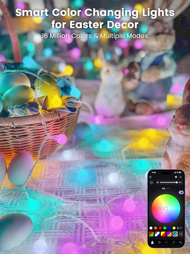 2026 New 46ft Smart Color Changing Easter Lights Outdoor Indoor | 100 LED RGB Globe Pastel String Lights App Control with Remote &amp Timer Fairy Light Plug in Waterproof Easter Decor Girl's Bedroom