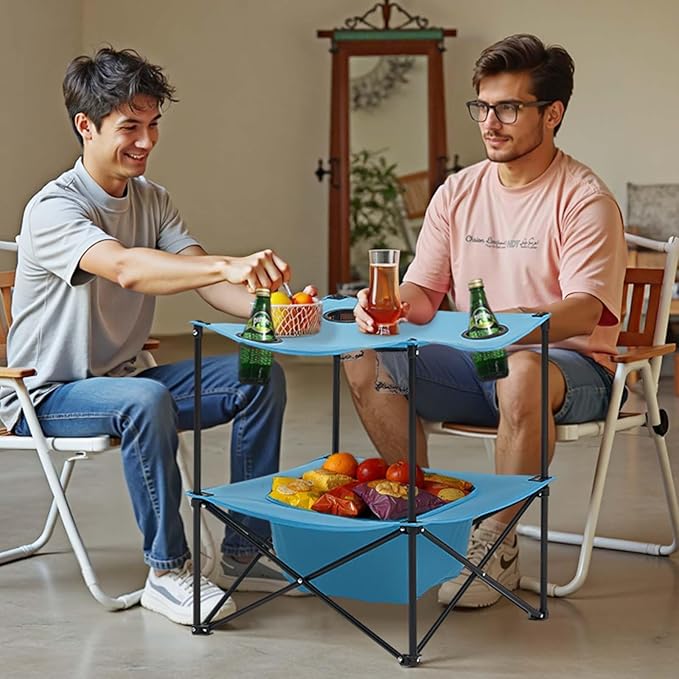VEVOR Folding Camping Table Portable Outdoor Lightweight Picnic Table 600D Oxford Fabric Waterproof Canvas Travel Beach Tables with 4 Cup Holders Carry Bag for Tailgating Camping Picnic Blue