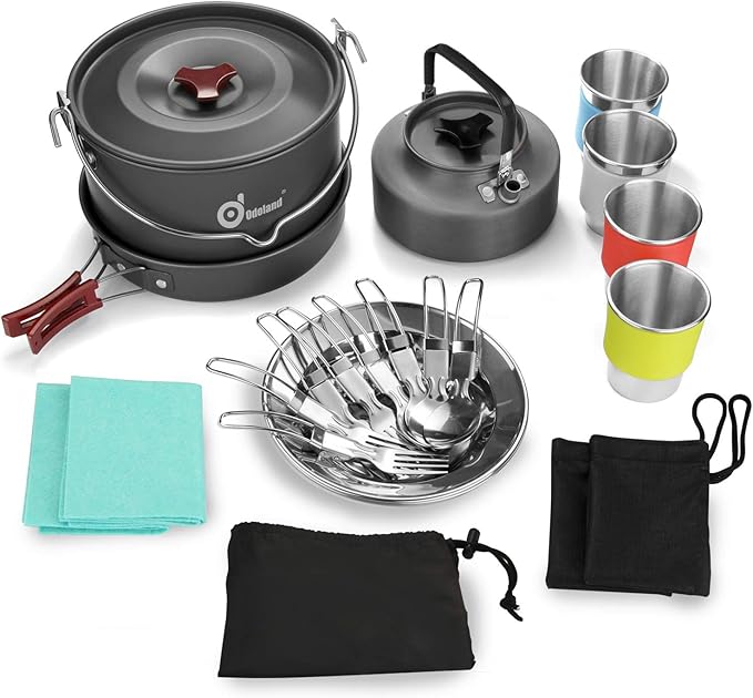 Odoland 22pcs Camping Cookware Mess Kit Large Size Hanging Pot Pan Kettle with Base Cook Set for 4 Cups Dishes Forks Spoons Kit for Outdoor Camping Hiking Picnic