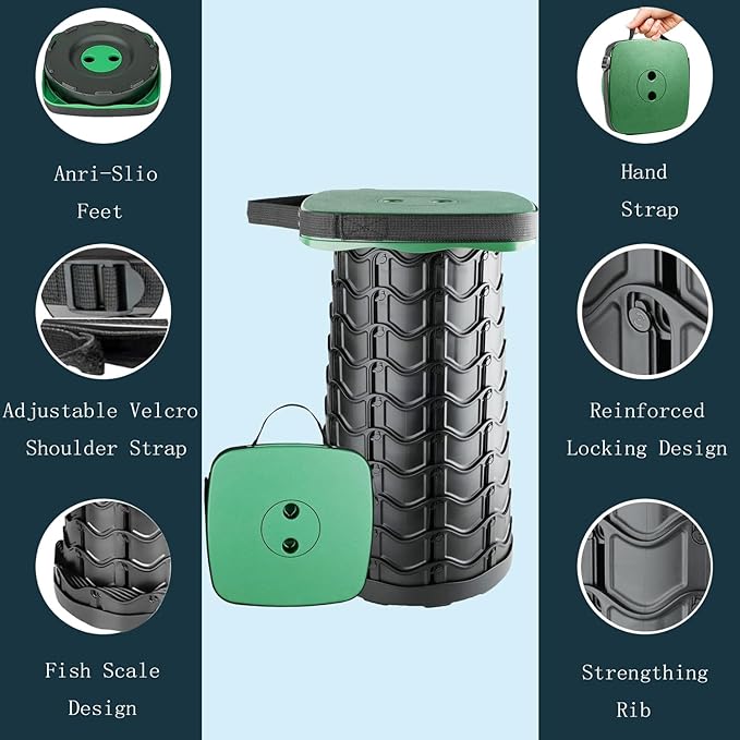 Upgraded Collapsible Stool Portable for Adults Heavy Duty 620lbs Max Weight Square Foldable Stool Thickened Telescoping Folding Seat for Camping Hiking Outdoor Travel(Square) (Green)