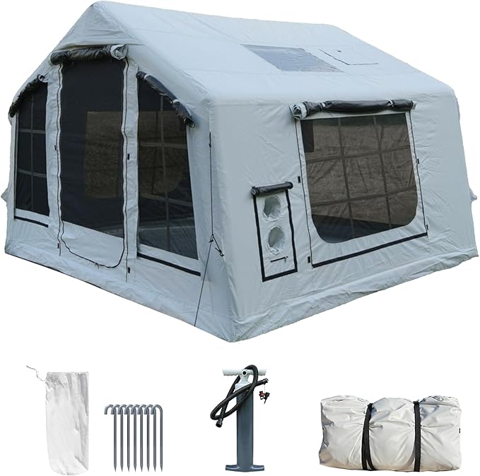 8㎡ Luxury Inflatable Camping Tent for 3-8 People UV-Resistant 4-Season Family Tent with Chimney Port &amp Skylight Oxford Fabric or Tech Cotton – White Tank Gray Aurora Green