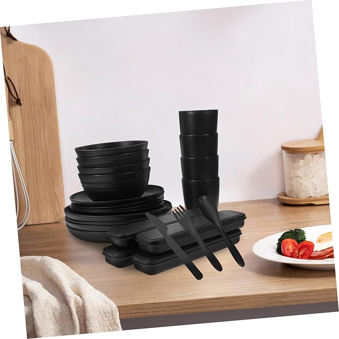 4sets Camping Utensil Black Picnic Dish Fork Spoon Knife Bowl Cup Reusable Compact Storage Case