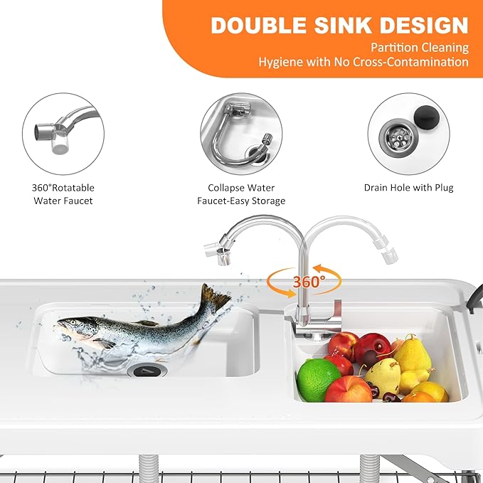 Folding Fish Cleaning Table with 2 Sinks 42.5'' Portable Camping Sink Table with Foldable Faucet Drainage Hose Sprayer Storage BoxDrawer &amp Grooves Outdoor Fillet Station for Picnic White