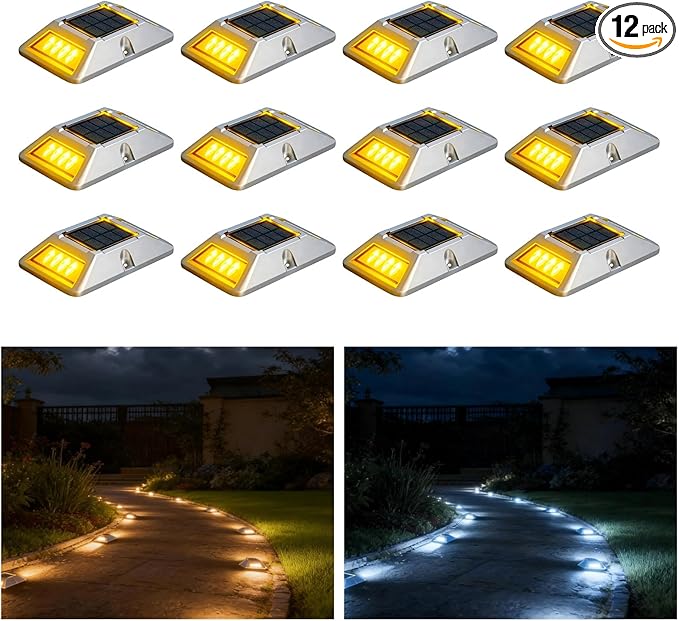 Solar Deck Lights 12 Pack 2 Colors Driveway Lights Solar Powered IP67 Waterproof Aluminum LED Outdoor Marker Solar Lights for Driveway Garage Pathway Stairs Lake Yard(White/Yellow)