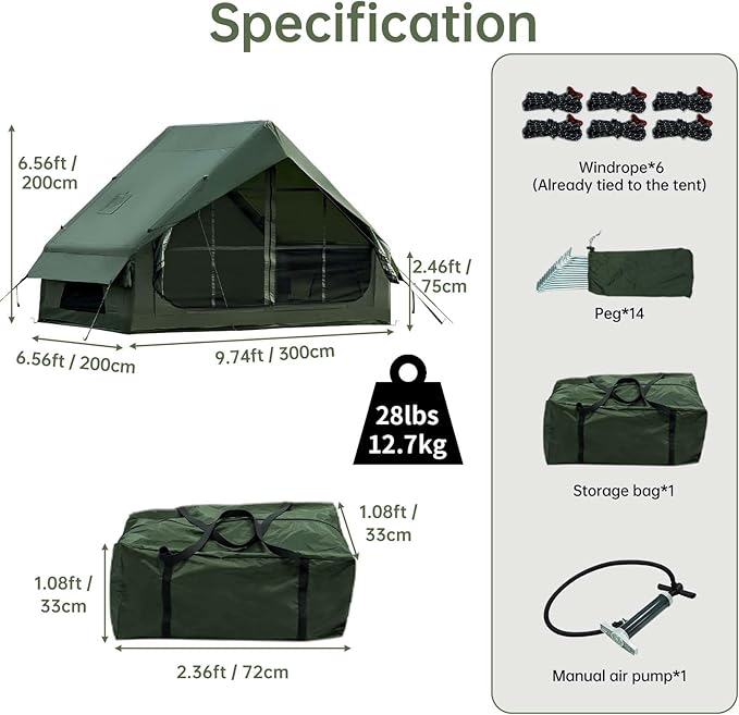 Inflatable Camping Tent with Hand Pump Waterproof Outdoor Blow up Tent Oxford 4 Season Air Tent Cabin House with Mesh Windows &amp Door 12sq/6sq Green