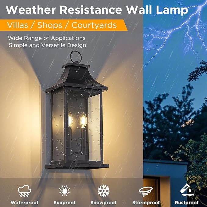 Large Outdoor Wall Lights Outdoor Lighting Exterior Lighting Fixtures Wall Mount Wall Sconce Light Outdoor Lanterns for Porch Black 22 inch 2-Light 1-Pack