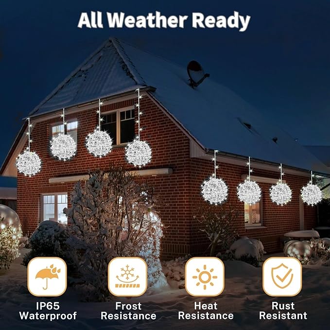 Outdoor Christmas Balls Lights 4 Pack Hanging 7.9 LED Garden Sphere Tree Lights 8 Modes Waterproof Glow Globe Light with Memory Timer Plug for Yard Porch Eave Patio Home Bedroom Decoration-Cool White