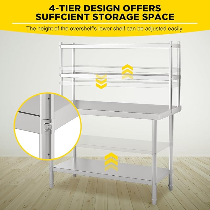 2-Tier Stainless Steel Work Table with Overshelves 47.2 W x 23.6 D x 31.5 H Heavy Duty Commercial Kitchen Prep Table for Restaurant Home Garage Warehouse