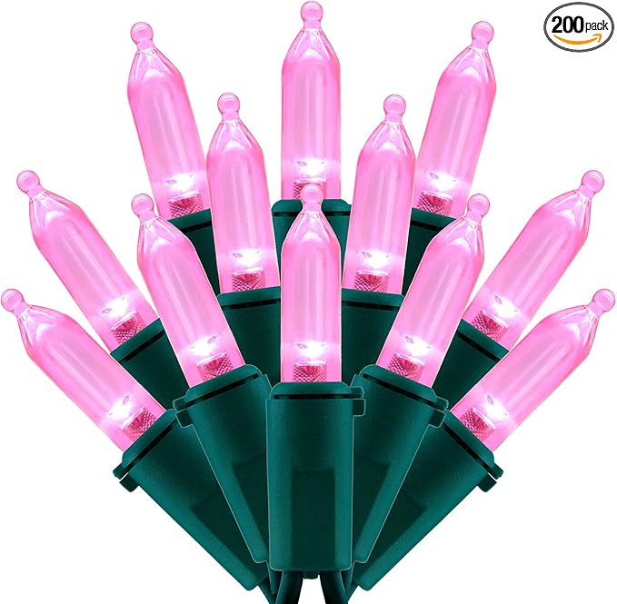 200 Count Pink LED Christmas Lights 66 ft Green Wire UL Certified Commercial Grade Holiday String Light Set (Pink)