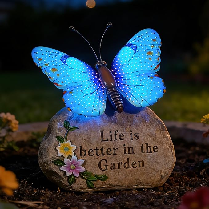 Solar LED Butterfly Garden Statue with Sparkling Light-Up Wings - Outdoor Yard Patio Decor Figurine for Women Mom Grandma (Blue)