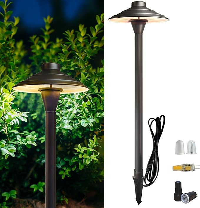 COLOER Solid Cast Brass Pathway Lights 12V Low Voltage Landscape Lighting LED Path Lights with G4 Bulb for Outdoor Walkway Garden 23 Tall 7.5 Shade (4) (1 P01 Bronze)