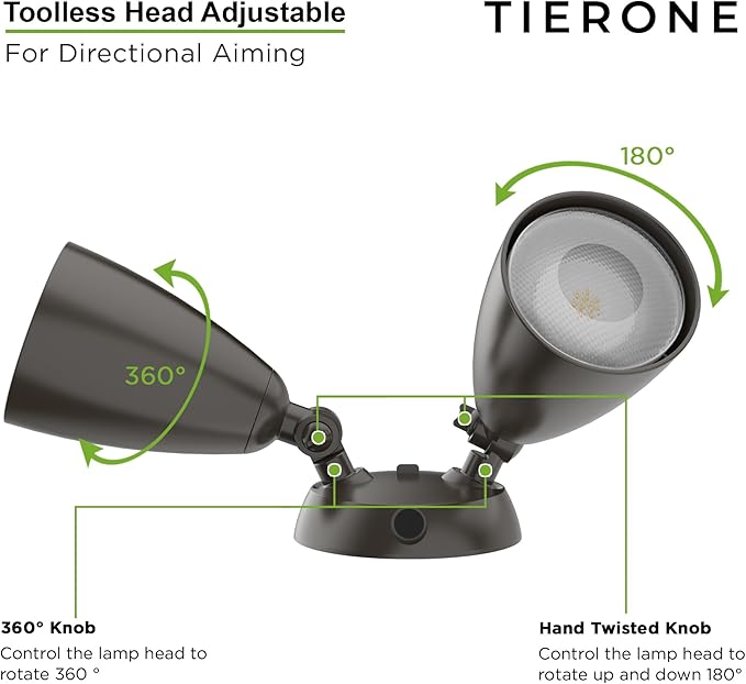 TIERONE Twin-Head LED Flood Light with Dusk to Dawn Photocell UL Listed Outdoor Security Lighting 120V Two Head Par Light with 4 PAR30 Bulbs(Each 12W 1080 Lumen 4000K) 2 Pack Dark Bronze