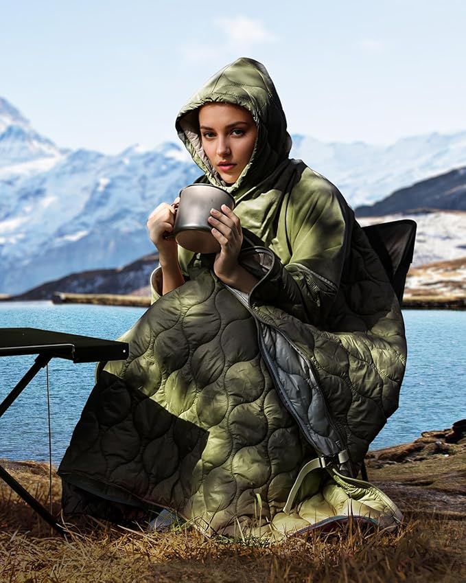 Sleeping Bag for Adult Wearable Blanket Insulated Poncho Hooded Sleepingbag Quilt for Winter Camping Hiking Sports