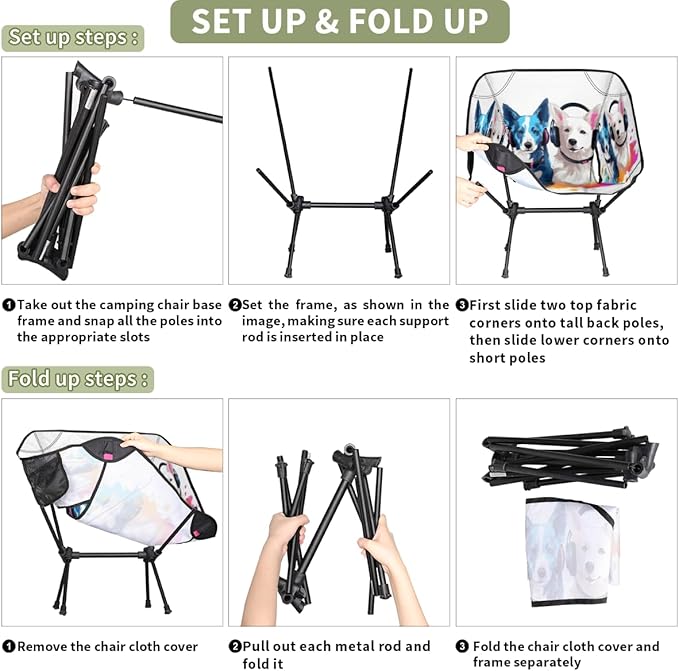 Animal Dog Pattern Camping Chair Lightweight Portable Chairs for Adults Easy Installation Outdoor Foldable Camping Chair for Camping Fishing Hiking Picnic Beach