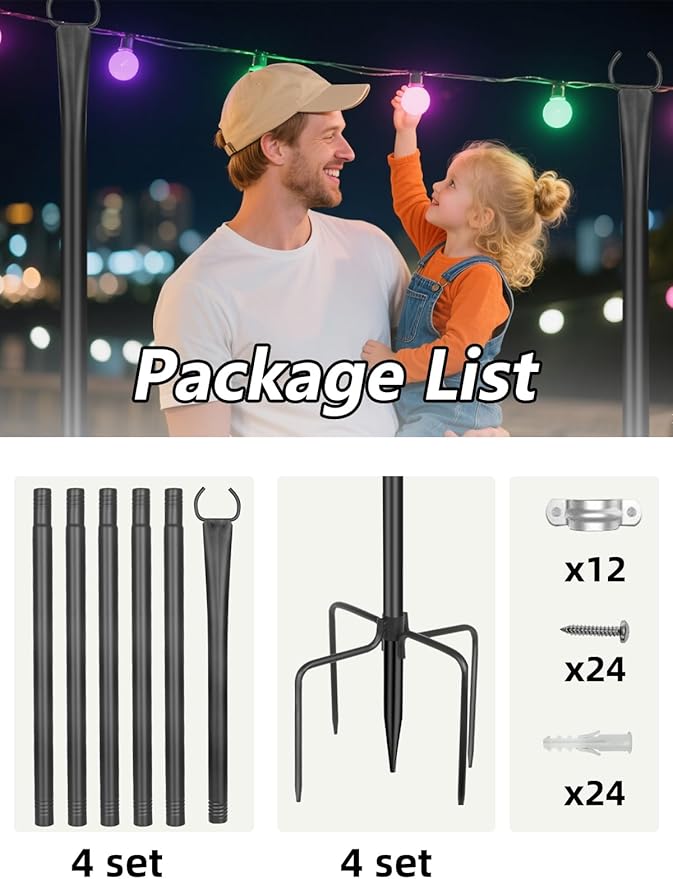 String Light Poles for Outside 4 Pack 10ft Metal Outdoor String Light Poles for Deck - Ideal for Patio Garden Yard Front Porch Decorations Black