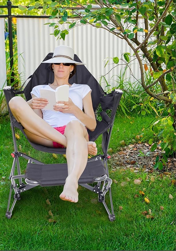 Nice C Hammock Camping Chair Camping Chair Rocker Swinging Chair High Back with Stand Cup Holder Side Pocket Heavy Duty (2 Black w/footrest)